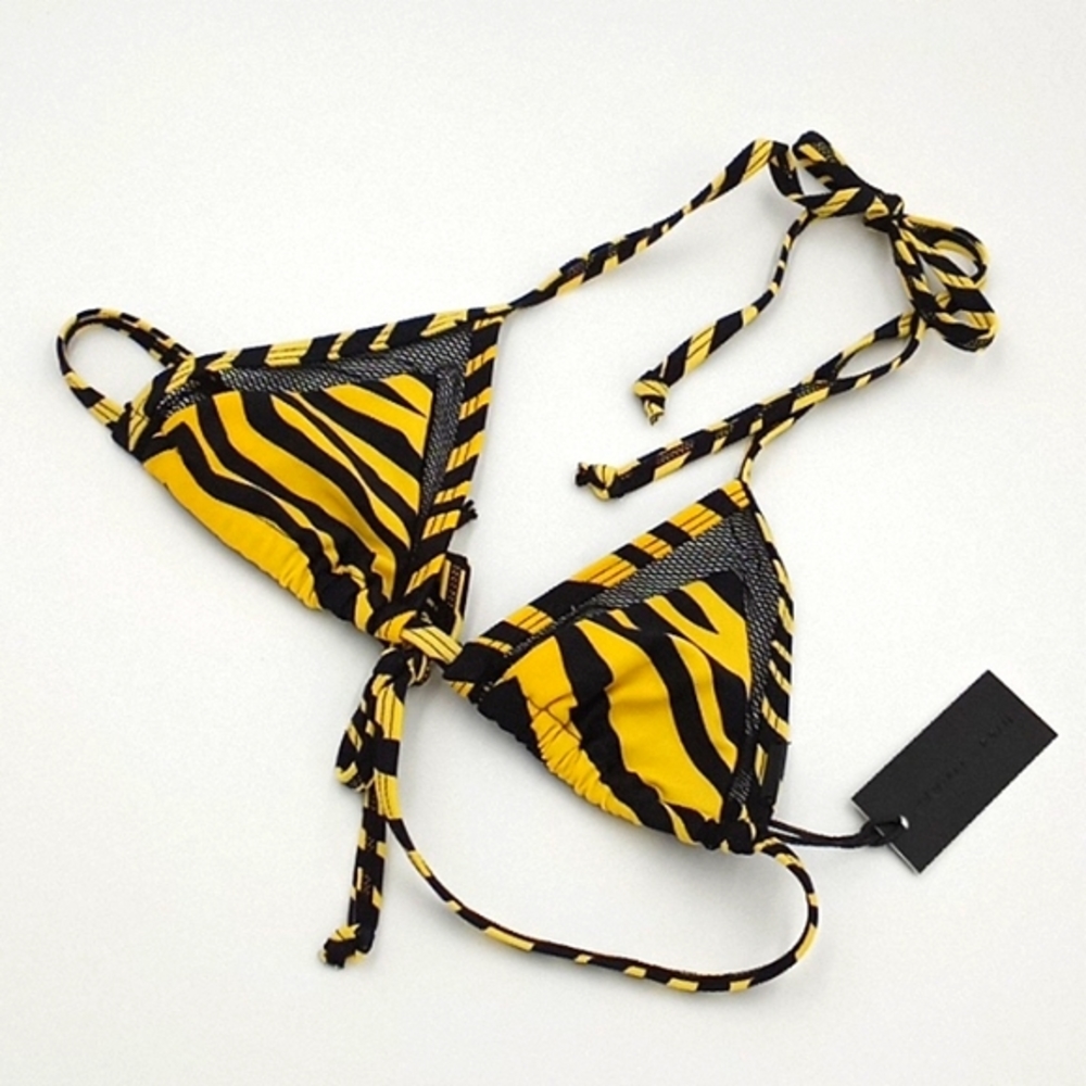 Kendall + Kylie Triangle Mesh Trim Bikini Top Yellow Macro Tiger